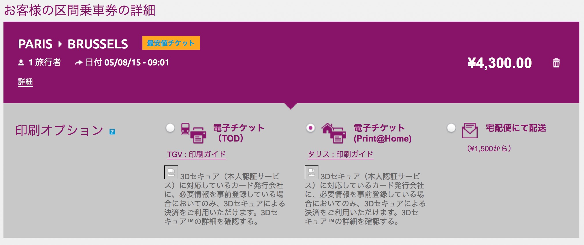 電子チケットはメールで送られるので自宅で印刷を