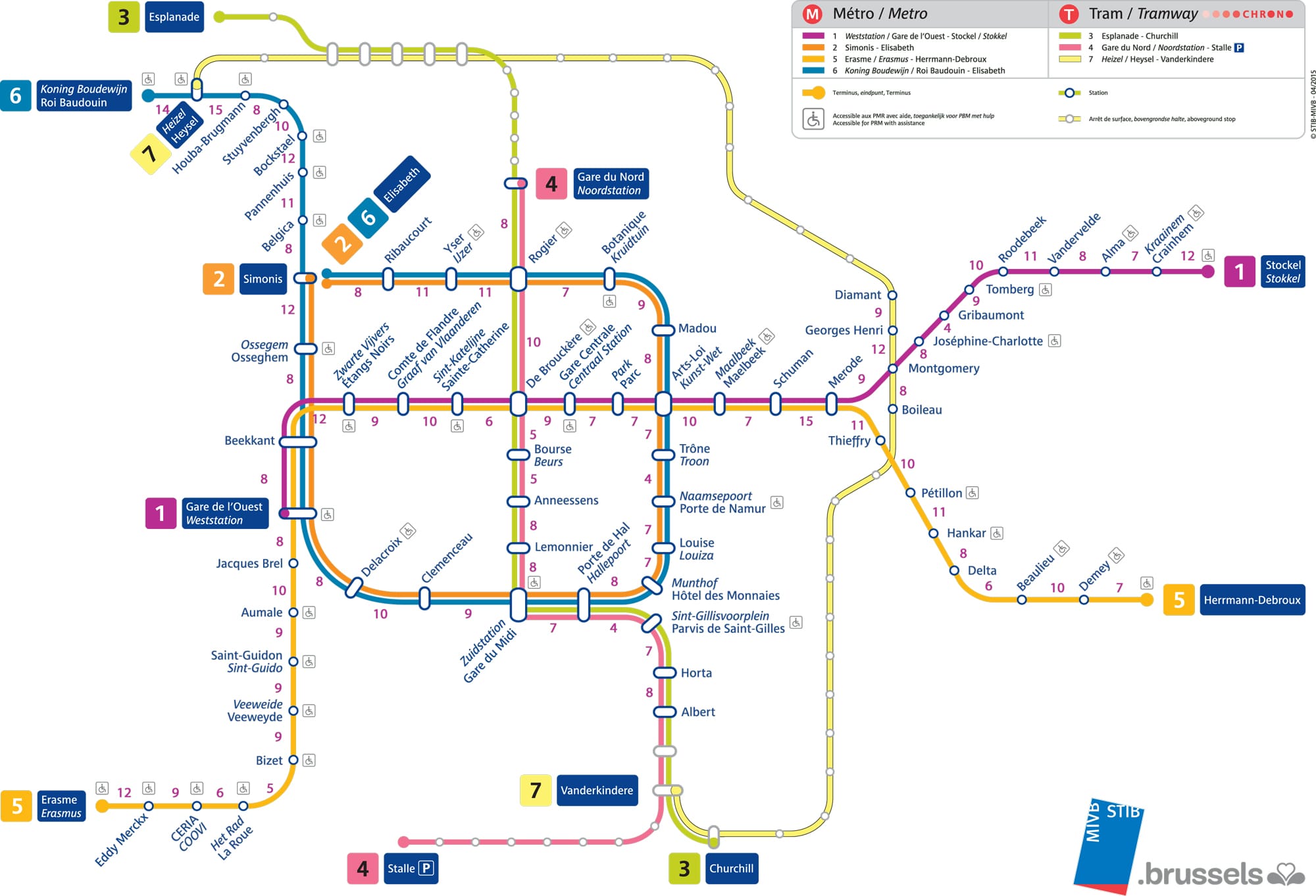 ブリュッセルメトロ トラム共通路線図 移動時間付き ベルギー観光旅行と生活情報サイト Belplus