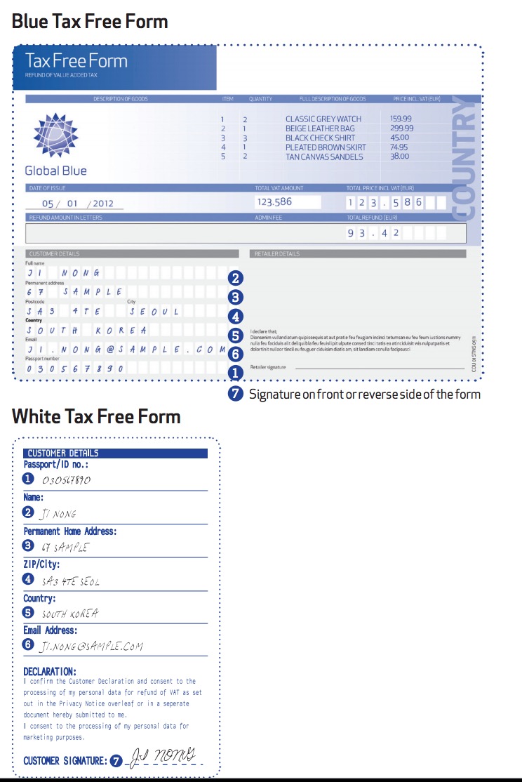 書類の記入例です　書類は青と白の2種類です　©globalblue.com
