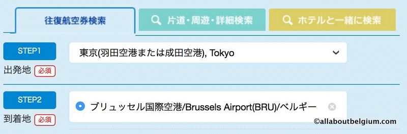 自分の出発する空港、目的地の順に入れます。日本からベルギーの到着はブリュッセル国際空港になります。