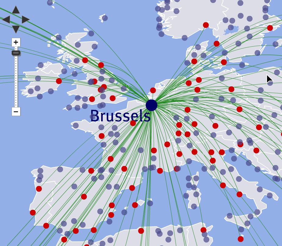 ブリュッセル空港から行けるヨーロッパの都市一覧。赤い丸が直行便で行けるところです。