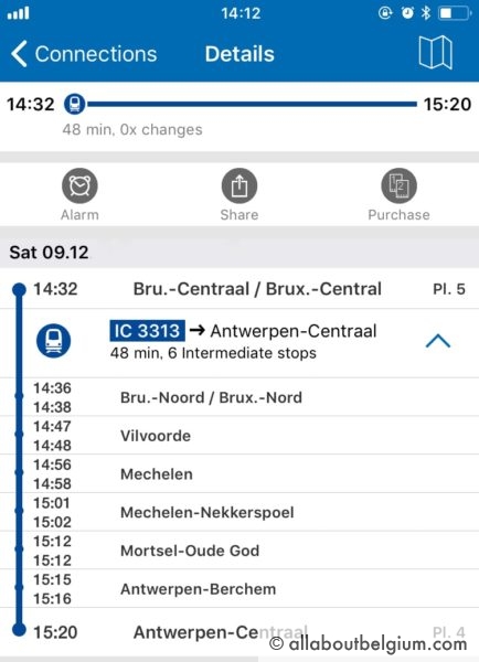 ブリュッセルからアントワープ中央駅までの停車駅一覧。ウェブサイトやアプリで検索して、そのまま乗車券を購入することもできます。