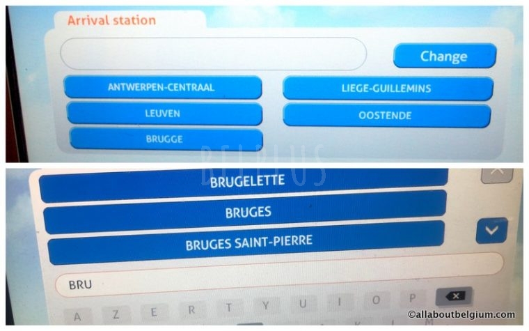到着駅選択画面の様子。ブリュッセル、ブルージュ、アントワープ等の人気駅はショートカットで選びやすくなっています。