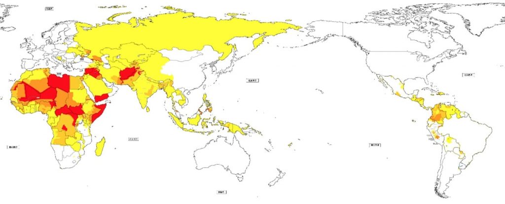 危険度別に色分け表示された世界地図。クリックすると各国の治安の最新情報が表示されます。